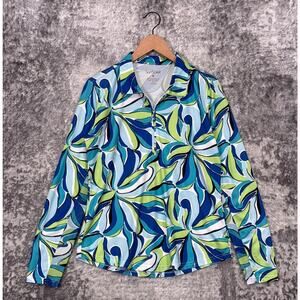 San Soleil Sun Top Medium Womens Green Blue Floral UPF 50 1/4 Zip Shirt